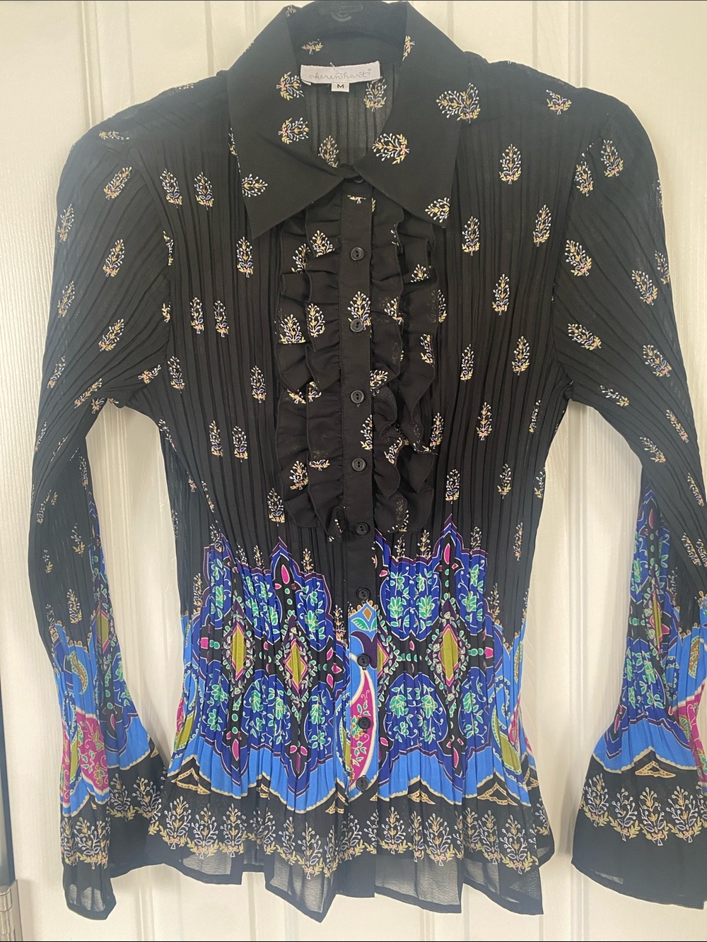 KEREN HART Black Ruffle Button-Front Blouse with Blue Yellow & Pink Florals